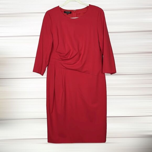 Lafayette 148 New York Red Wool Draped Shift Dress 3/4 Sleeves Round Neck US10 - Picture 1 of 14